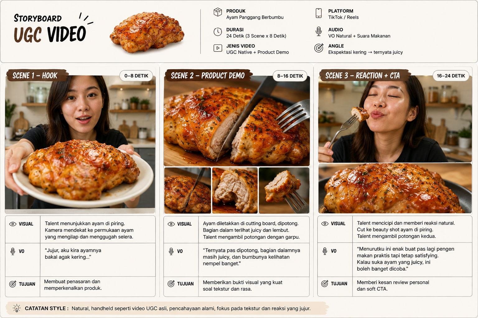 Contoh storyboard UGC yang dihasilkan Tool UGC untuk produk ayam panggang berbumbu